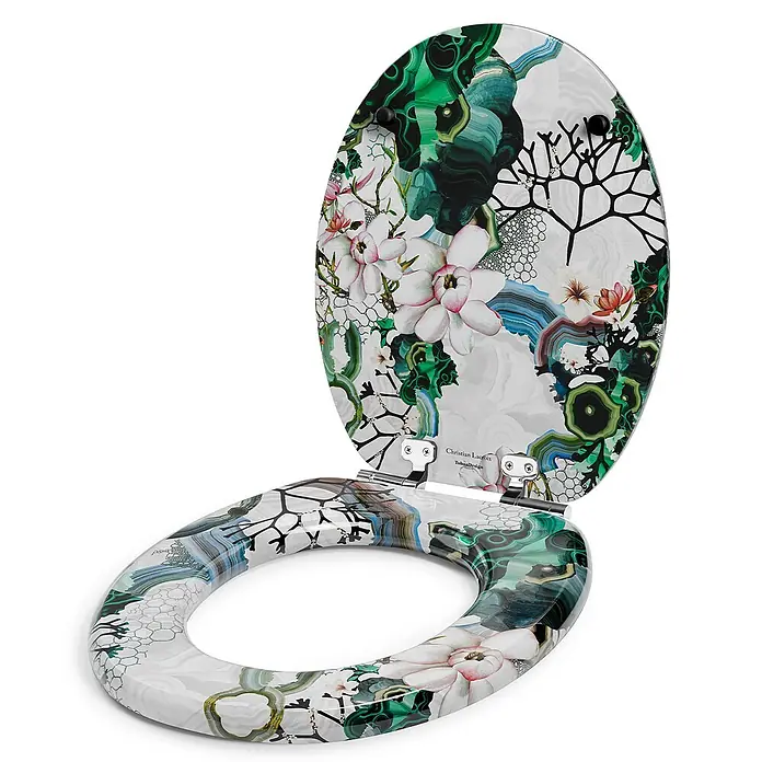 Tohaa Design WC-Sitz Algae Bloom - Maison Christian Lacroix -  - Dekorativer Toilettensitz mit Deckel, gemustert mit grünem Malachit, blauem Achat, schwarzen Ästen und weißen Magnolienblüten.