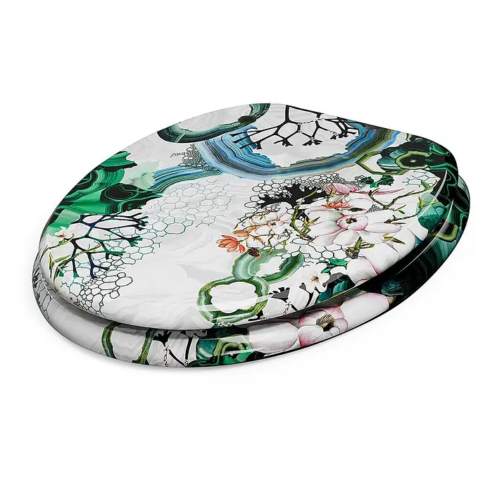 Tohaa Design WC-Sitz Algae Bloom - Maison Christian Lacroix -  - Dekorativer Toilettensitz mit Deckel, verziert mit einem lebhaften Muster aus Malachitgrün, blauem Achat und zarten Magnolienblüten.