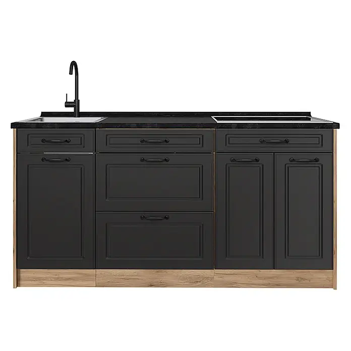 Vicco Küchenleerblock - Breite: 160 cm, Anthrazit Landhaus - Schwarze Küchenzeile mit Spüle, Wasserhahn und Induktionskochfeld, dunkler Arbeitsplatte und hellem Holzsockel.