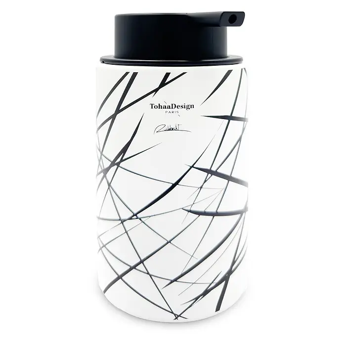 TohaaDesign Seifenspender - L x B x H: 14 x 10 x 14 cm, Keramik, Mehrfarbig - Weißer zylindrischer Spender mit schwarzen abstrakten Linien und schwarzem Pumpkopf.