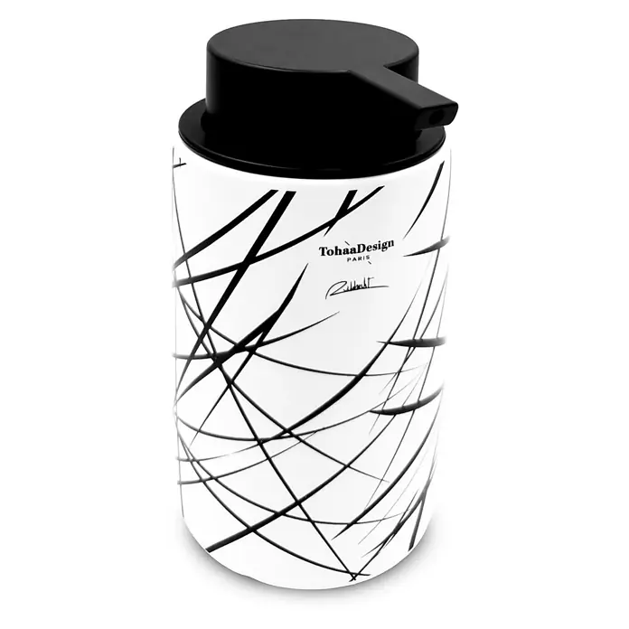 TohaaDesign Seifenspender - L x B x H: 14 x 10 x 14 cm, Keramik, Mehrfarbig - Weißer Keramik-Seifenspender mit schwarzen abstrakten Linien und schwarzem Pumpkopf.