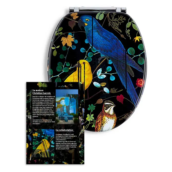 Tohaa Design WC-Sitz Birds Sinfonia - Maison Christian Lacroix -  - Dekorativer schwarzer Toilettensitz mit lebhaftem Vogel- und Pflanzenmuster, einem blauen Papagei, gelbem und bunten Vögeln.