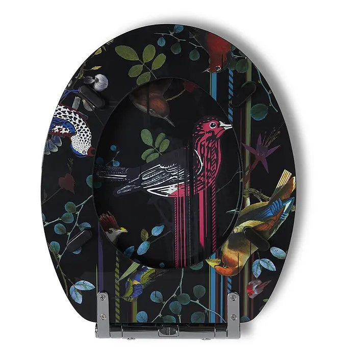 Tohaa Design WC-Sitz Birds Sinfonia - Maison Christian Lacroix -  - Schwarzer Toilettensitz mit farbenfrohem Vogel- und Blattmuster, verchromten Scharnieren und Absenkautomatik.