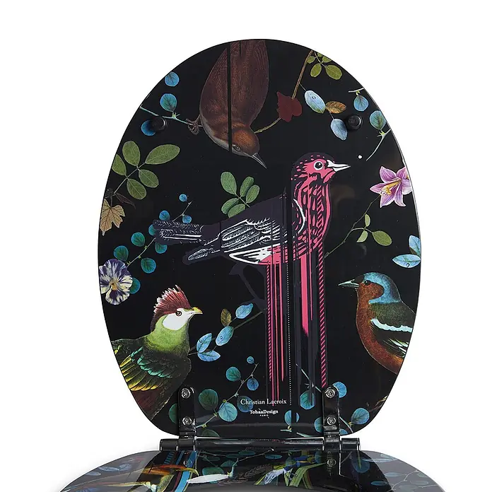 Tohaa Design WC-Sitz Birds Sinfonia - Maison Christian Lacroix -  - Schwarzer Toilettensitz mit glänzender Oberfläche, verziert mit bunter Vogel- und Pflanzenillustration, sichtbare Scharniere.