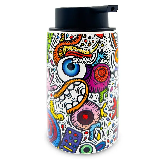 TohaaDesign Seifenspender - L x B x H: 14 x 10 x 14 cm, Keramik, Mehrfarbig - Weißer Seifenspender mit schwarzer Pumpe und lebhaftem Doodle-Design mit abstrakten Formen, Augen und „SKWAK“.