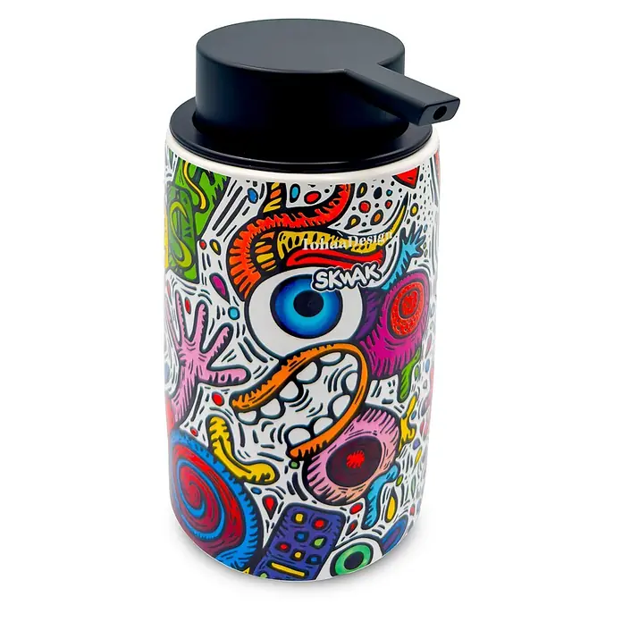 TohaaDesign Seifenspender - L x B x H: 14 x 10 x 14 cm, Keramik, Mehrfarbig - Weißer Keramik-Seifenspender mit lebhaftem Doodle-Kunstmuster und schwarzem Pumpkopf.