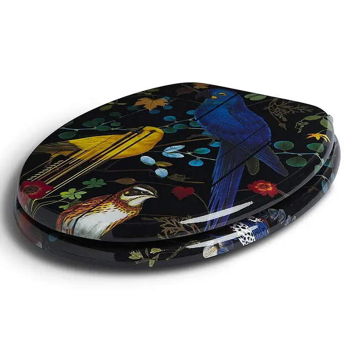 Tohaa Design WC-Sitz Birds Sinfonia - Maison Christian Lacroix -  - Dekorativer Toilettensitz mit lebhaftem Vogel- und Blumendesign auf schwarzem Hintergrund.