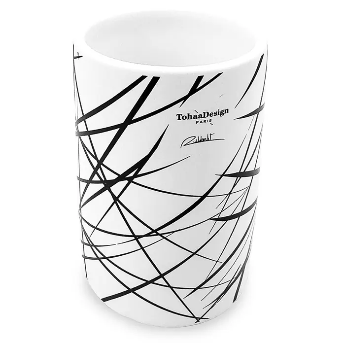 Tohaa Design Zahnputzbecher Arrow - L. Rubbrecht -  - Weißer zylindrischer Topf mit schwarzem, abstraktem Liniendesign und „TohaaDesign PARIS“ Logo.
