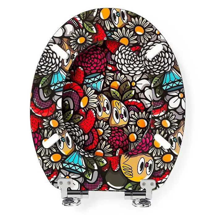 Tohaa Design WC-Sitz BirdyFlowers - Bishop Parigo -  - Toilettensitz mit lebhaftem, illustrativen Muster aus Blumen und Eulen, mit Chromscharnieren.