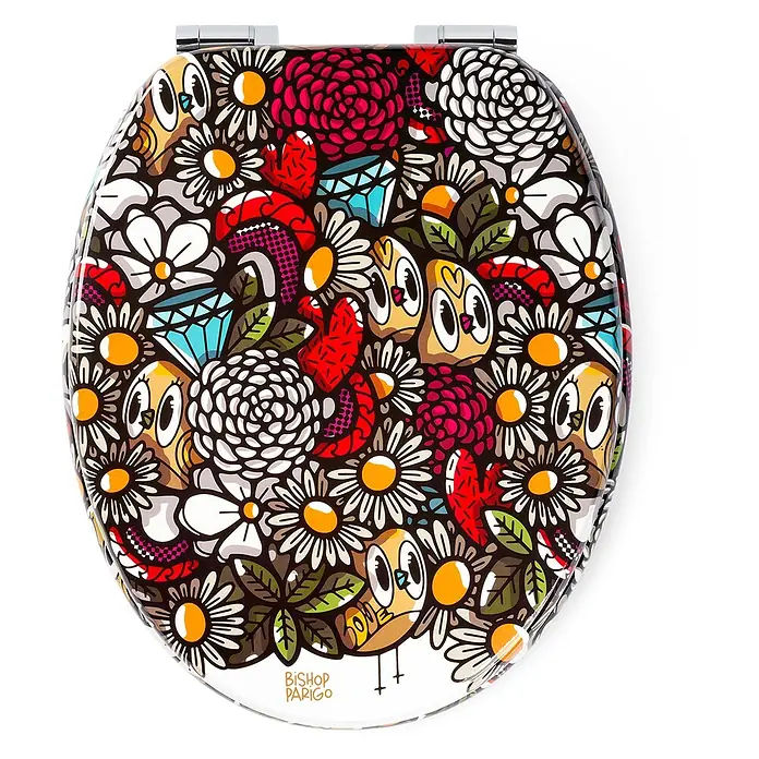 Tohaa Design WC-Sitz BirdyFlowers - Bishop Parigo -  - Farbenfroher Toilettensitz mit einem lebhaften, komplexen Muster aus Blumen, Eulen, Herzen und Diamanten.
