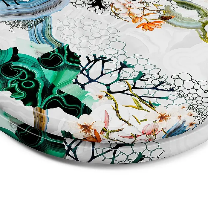 Tohaa Design WC-Sitz Algae Bloom Modern-D - Maison Christian Lacroix -  - Runder Dekorationsdeckel mit grünem Malachit, blauem Achat, Koralle und weiß/orange Blumenmuster.