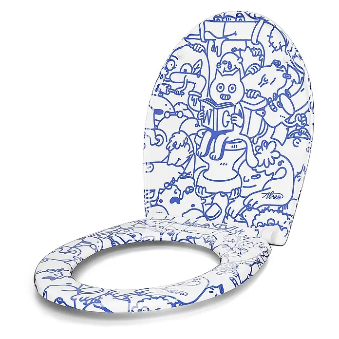 Wodea WC-Sitz   -  Cat -  - Weißer Toilettensitz und -deckel mit blauem Cartoon-Doodle-Muster.