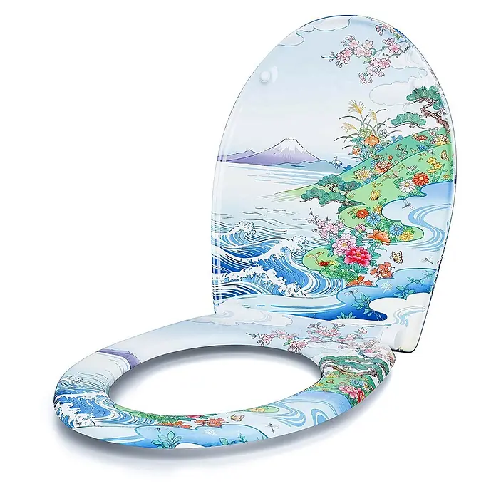 Wodea WC-Sitz   -  Kawai -  - Transparenter Toilettensitz und -deckel mit lebendigem japanischem Landschaftsdesign, inklusive Fuji, Wellen und bunten Blumen.