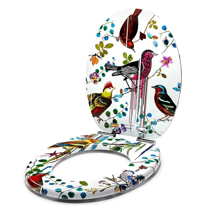 TohaaDesign WC-Sitz Birds Sinfonia - Maison Christian Lacroix -  - Weißer Toilettensitz mit lebhaftem, farbigem Vogel- und Blumenmuster. Deckel offen.