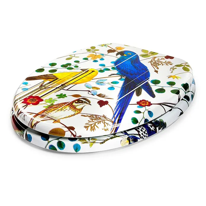 TohaaDesign WC-Sitz Birds Sinfonia - Maison Christian Lacroix -  - Weißer WC-Sitz mit farbenfrohem Vogel- und Blumenmuster, mit blauen und gelben Vögeln.