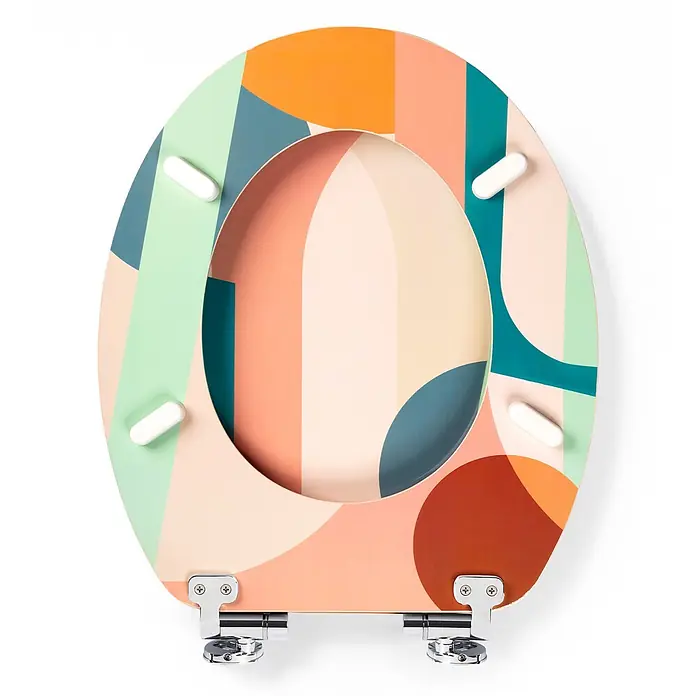 TohaaDesign WC-Sitz Roma - Florence Bourel -  - Toilettensitz mit farbenfrohem, abstraktem Geometriemuster in Pfirsich, Petrol, Orange und Hellgrün, mit Chromscharnieren.