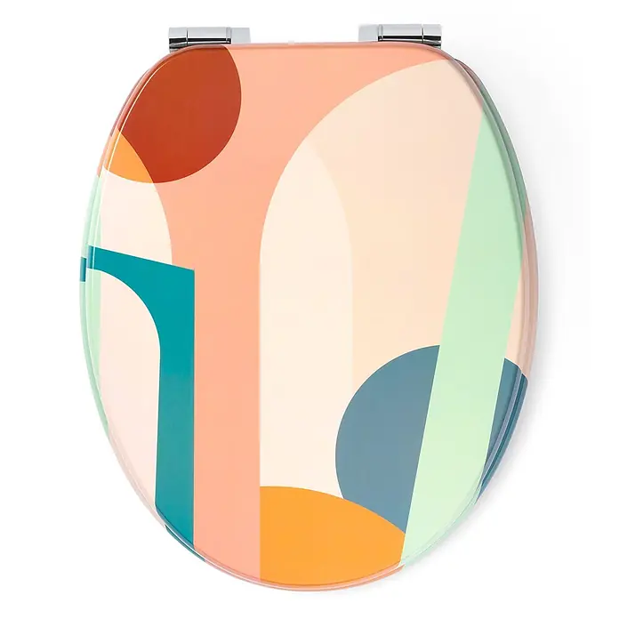 TohaaDesign WC-Sitz Roma - Florence Bourel -  - Bunter Toilettensitz mit abstraktem, geometrischem Muster in Pastelltönen und Chromscharnieren.