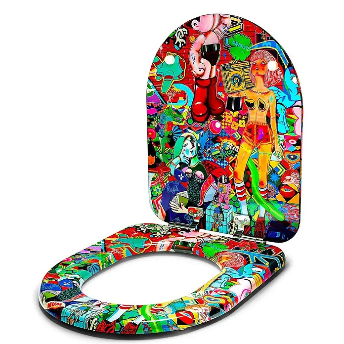 Tohaa Design WC-Sitz Vanity Fair Modern-D - Guive Khosravi -  - Farbenfroher WC-Sitz und Deckel, geöffnet, mit lebhaften Street-Art- und Graffiti-Grafiken.
