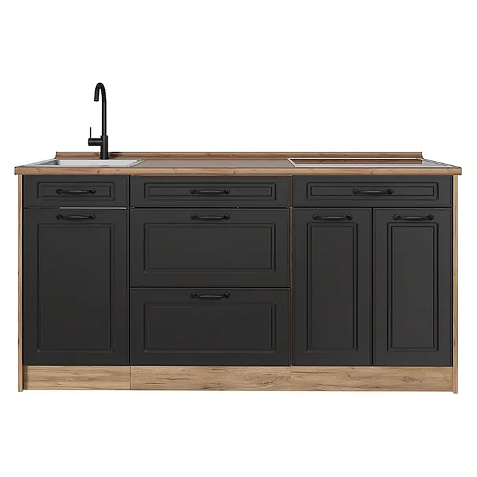 Vicco Küchenleerblock - Breite: 160 cm, Anthrazit Landhaus - Schwarze Küchenzeile mit Holzoptik-Arbeitsplatte, Spüle und Kochfeld, Schubladen und Türen mit schwarzen Griffen.