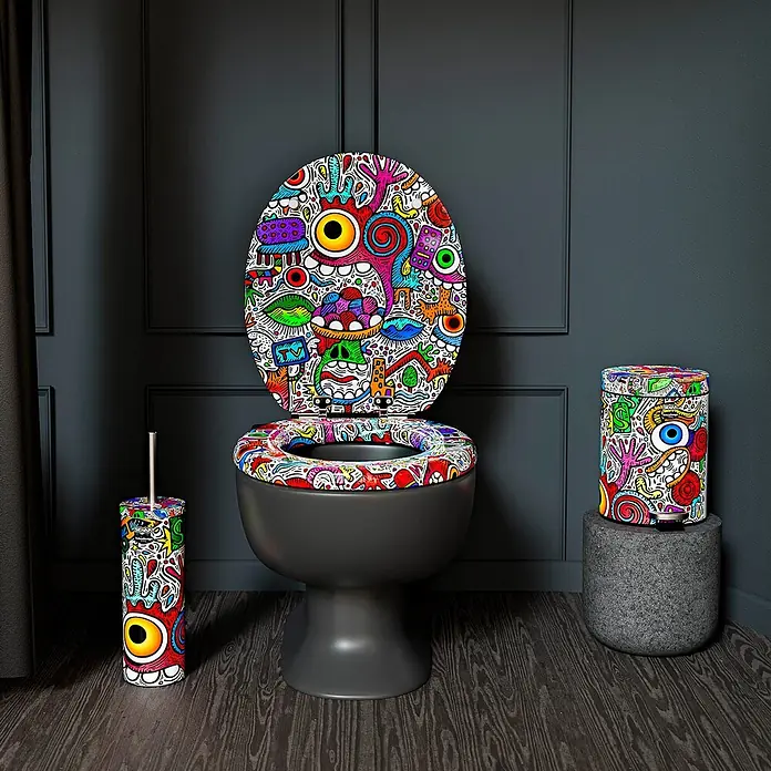 TohaaDesign WC-Sitz Crazy Maniac - Skwak -  - Toilette, Toilettenbürstenhalter und Mülleimer mit lebhaftem, verspieltem Doodle-Muster in einem modernen Badezimmer.