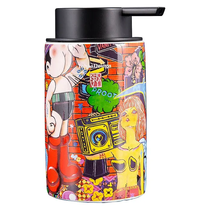 TohaaDesign Seifenspender - L x B x H: 14 x 10 x 14 cm, Keramik, Mehrfarbig - Farbiger Seifenspender im Graffiti-Stil mit schwarzer Pumpe, mit Zeichentrickfiguren und Urban Art.