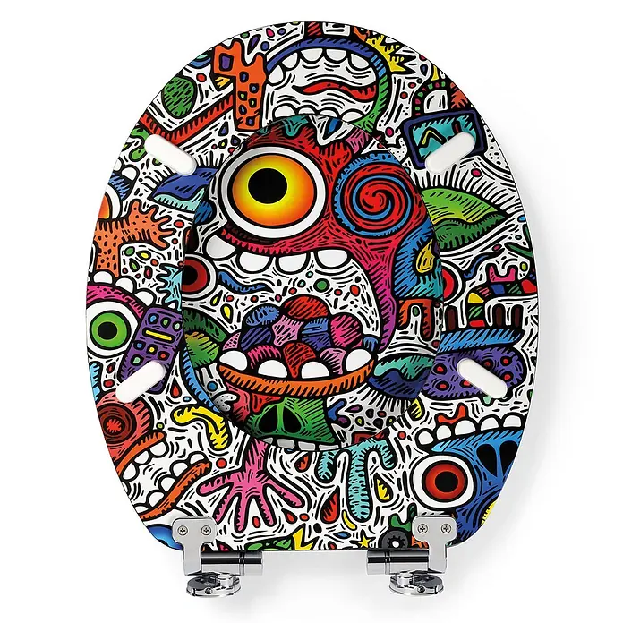 TohaaDesign WC-Sitz Crazy Maniac - Skwak -  - Bunter Toilettensitzdeckel mit lebhaftem Doodle-Monster-Design und Chromscharnieren.