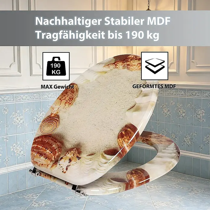 SAINOS WC-Sitz MDF WC-Sitz O-Form Absenkautomatik bis 190 kg Untermontage - MDF, Braun, Mit Absenkautomatik - Stabiler MDF-Toilettensitz mit Strand- und Muschelmotiv, belastbar bis 190 kg.