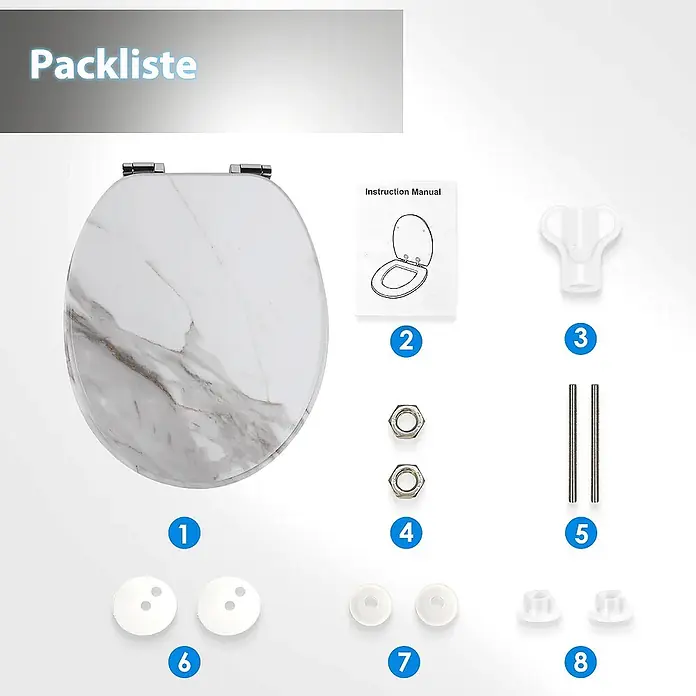 SAINOS WC-Sitz MDF WC-Sitz O-Form Absenkautomatik bis 190 kg Untermontage - MDF, Grau, Mit Absenkautomatik - Weißer WC-Sitz in Marmoroptik mit Absenkautomatik und allem Montagezubehör.
