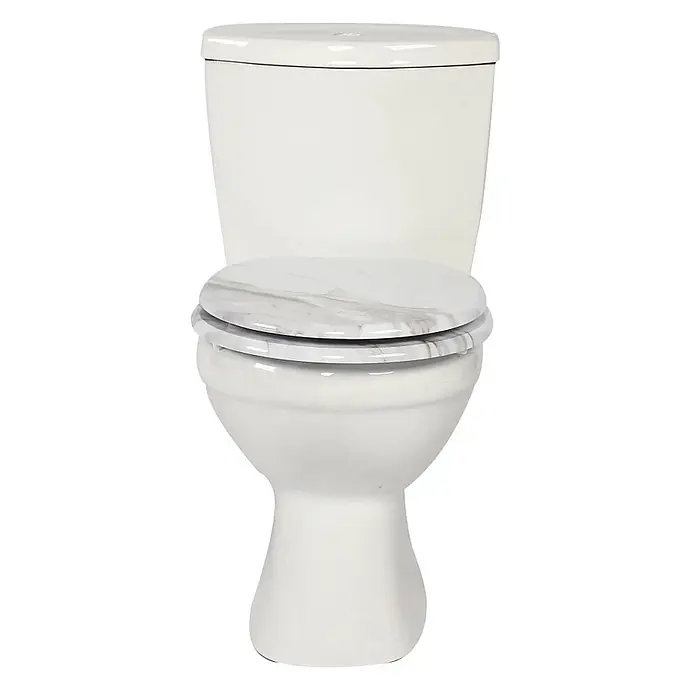 SAINOS WC-Sitz MDF WC-Sitz O-Form Absenkautomatik bis 190 kg Untermontage - MDF, Grau, Mit Absenkautomatik - Weiße Keramiktoilette mit geschlossenem, weiß-grau marmoriertem Toilettensitz.