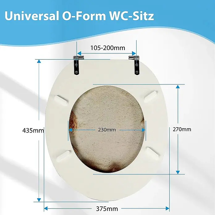 SAINOS WC-Sitz MDF WC-Sitz O-Form Absenkautomatik bis 190 kg Untermontage - MDF, Braun, Mit Absenkautomatik - Weißer universal O-Form WC-Sitz mit detaillierten Maßen zur einfachen Messung.