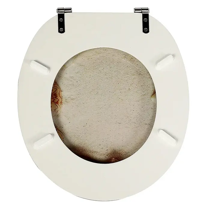 SAINOS WC-Sitz MDF WC-Sitz O-Form Absenkautomatik bis 190 kg Untermontage - MDF, Braun, Mit Absenkautomatik - Weißer Toilettensitz mit Metallscharnieren und dekorativem Sand- und Muscheldesign.