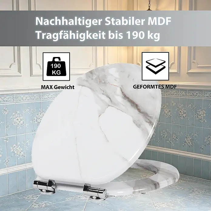 SAINOS WC-Sitz MDF WC-Sitz O-Form Absenkautomatik bis 190 kg Untermontage - MDF, Grau, Mit Absenkautomatik - Weißer Toilettensitz aus marmoriertem MDF, stabil, nachhaltig, mit 190 kg Tragfähigkeit.