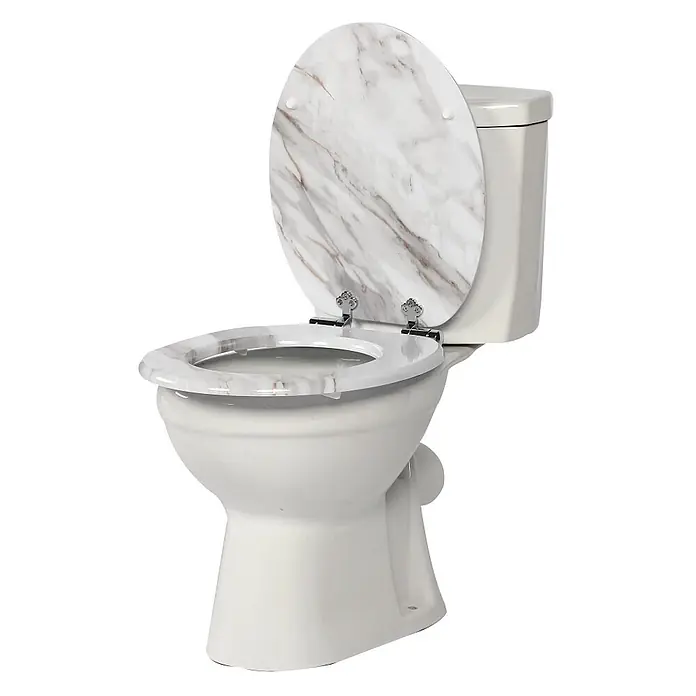 SAINOS WC-Sitz MDF WC-Sitz O-Form Absenkautomatik bis 190 kg Untermontage - MDF, Grau, Mit Absenkautomatik - Weißes WC mit geöffnetem, marmoriertem Deckel und Sitz.