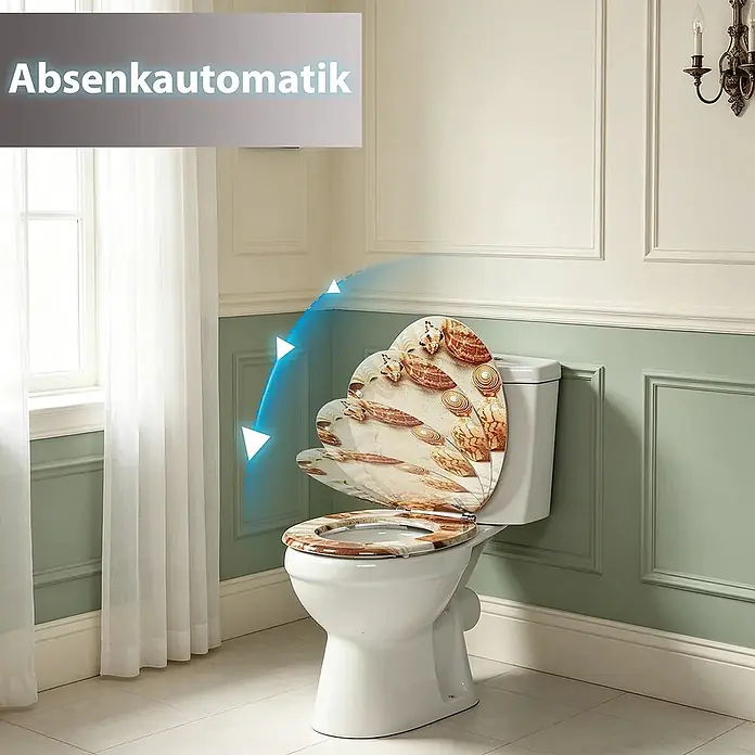 SAINOS WC-Sitz MDF WC-Sitz O-Form Absenkautomatik bis 190 kg Untermontage - MDF, Braun, Mit Absenkautomatik - Toilette mit muschelgemustertem Absenkautomatik-Sitz in einem Badezimmer.
