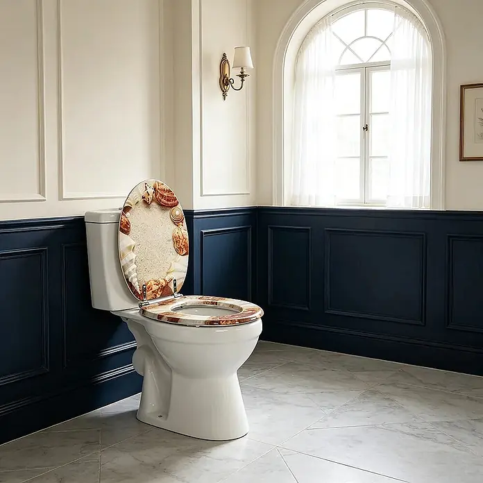 SAINOS WC-Sitz MDF WC-Sitz O-Form Absenkautomatik bis 190 kg Untermontage - MDF, Braun, Mit Absenkautomatik - WC mit geöffnetem Toilettensitz mit Muscheldesign. Deckel und Ring zeigen eine sandige Textur mit verschiedenen Muscheln.