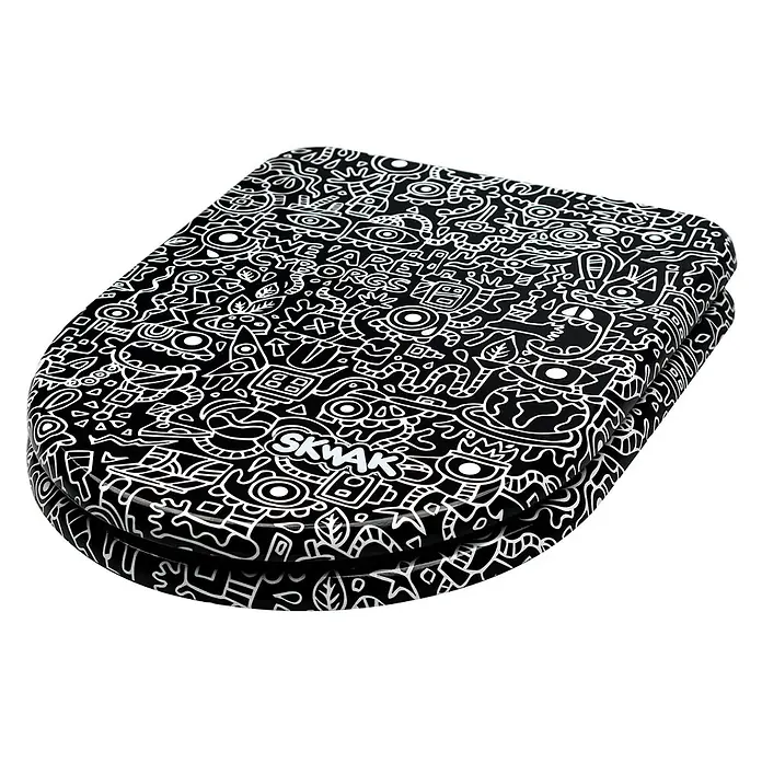 Tohaa Design WC-Sitz Cyborg Modern-D - Skwak -  - Schwarzer Toilettensitz mit weißem Doodle-Kunstmuster und 'SKWAK'-Logo.