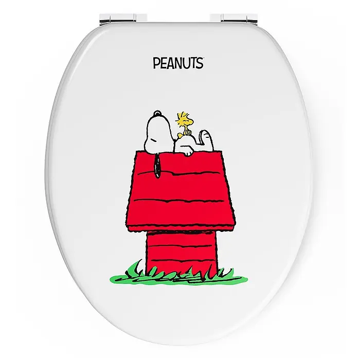 Tohaa Design WC-Sitz Peanuts Snoopy - Peanuts -  - Weißer Toilettensitz mit Peanuts-Design, Snoopy und Woodstock auf einer roten Hundehütte.