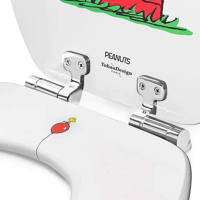 Tohaa Design WC-Sitz Peanuts Snoopy - Peanuts -  - Weißer Toilettensitz und -deckel mit Chromscharnieren, verziert mit Peanuts-Motiv und Woodstock mit rotem Ballon.