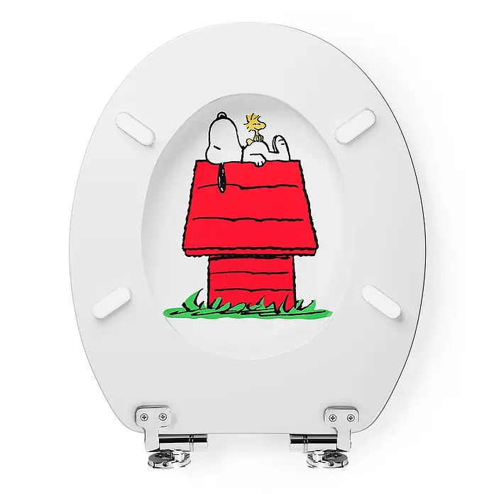 Tohaa Design WC-Sitz Peanuts Snoopy - Peanuts -  - Weißer Toilettensitz mit Snoopy und Woodstock auf einer roten Hundehütte mit grünem Gras.