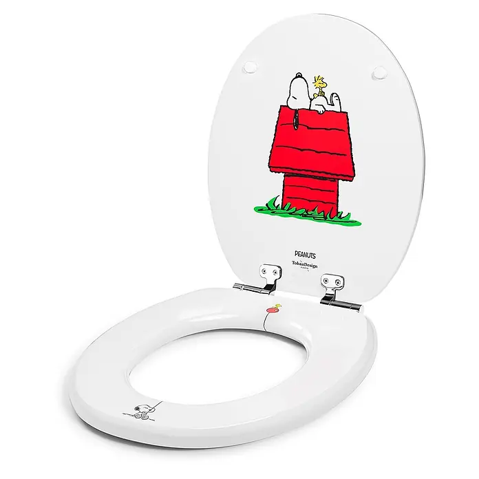 Tohaa Design WC-Sitz Peanuts Snoopy - Peanuts -  - Weißer Toilettensitz mit Snoopy und Woodstock auf dem Deckel und einem kleinen Snoopy-Bild auf dem Sitz.