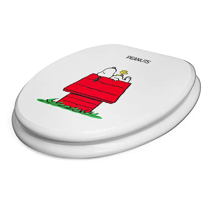 Tohaa Design WC-Sitz Peanuts Snoopy - Peanuts -  - Weißer Toilettensitz mit Snoopy- und Woodstock-Motiv auf Snoopy's roter Hundehütte, inklusive 'PEANUTS'-Logo.