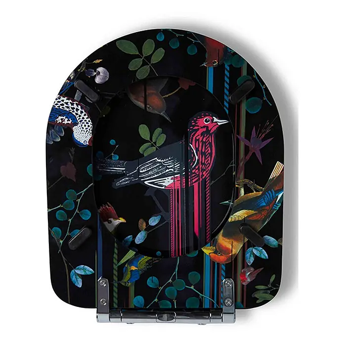 Tohaa Design WC-Sitz Birds Sinfonia Modern-D - Maison Christian Lacroix -  - Schwarzer Toilettensitz und Deckel mit farbenfrohen Vogel- und Pflanzenillustrationen.