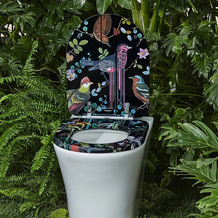 Tohaa Design WC-Sitz Birds Sinfonia Modern-D - Maison Christian Lacroix -  - Weißes WC mit schwarzem Sitz/Deckel, verziert mit farbenfroher Vogel- & Pflanzenkunst. Dekoratives Badobjekt.