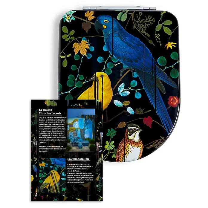 Tohaa Design WC-Sitz Birds Sinfonia Modern-D - Maison Christian Lacroix -  - Christian Lacroix Kompaktetui mit lebhaftem tropischem Vogel- und Pflanzenmotiv auf Schwarz.