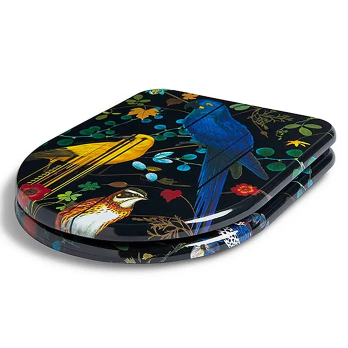 Tohaa Design WC-Sitz Birds Sinfonia Modern-D - Maison Christian Lacroix -  - Toilettensitz mit glänzender schwarzer Oberfläche, verziert mit einem lebhaften Vogel- und Blumenmuster.