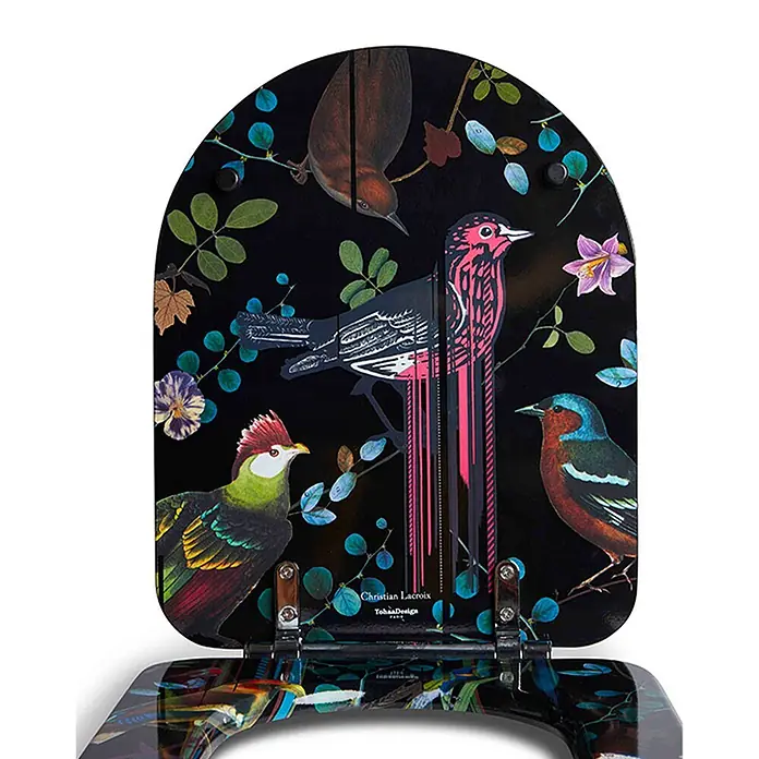 Tohaa Design WC-Sitz Birds Sinfonia Modern-D - Maison Christian Lacroix -  - Dekorativer Toilettensitz mit lebhaftem Vogel- und Pflanzenmuster auf dunklem Hintergrund.