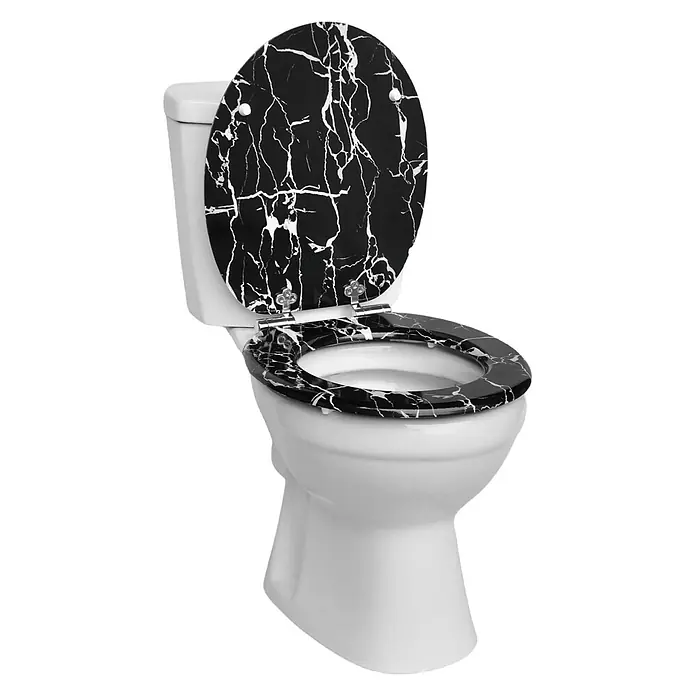 SAINOS WC-Sitz MDF WC-Sitz O-Form Absenkautomatik bis 190 kg Untermontage - MDF, Schwarz, Mit Absenkautomatik - Weißes WC mit geöffnetem schwarz-marmoriertem Sitz und Deckel.