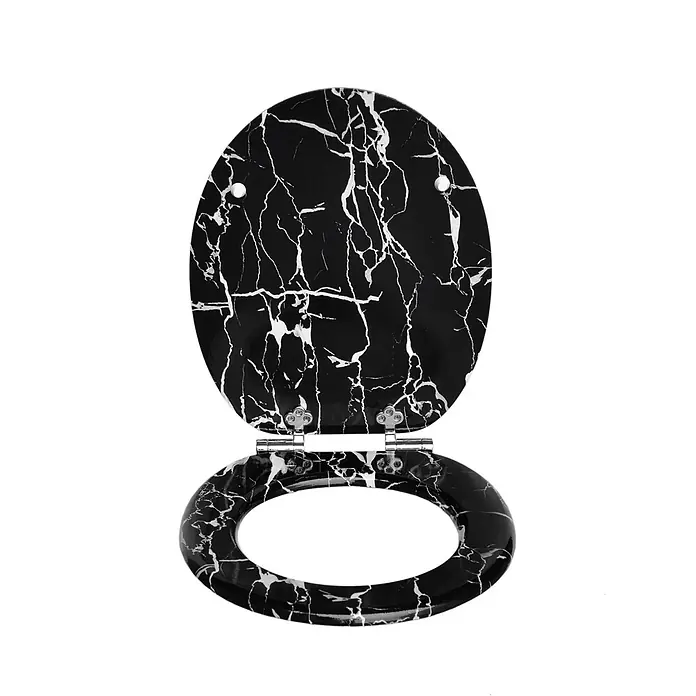 SAINOS WC-Sitz MDF WC-Sitz O-Form Absenkautomatik bis 190 kg Untermontage - MDF, Schwarz, Mit Absenkautomatik - Schwarzer Toilettensitz mit weißer Marmorierung und Chromscharnieren, Deckel offen.