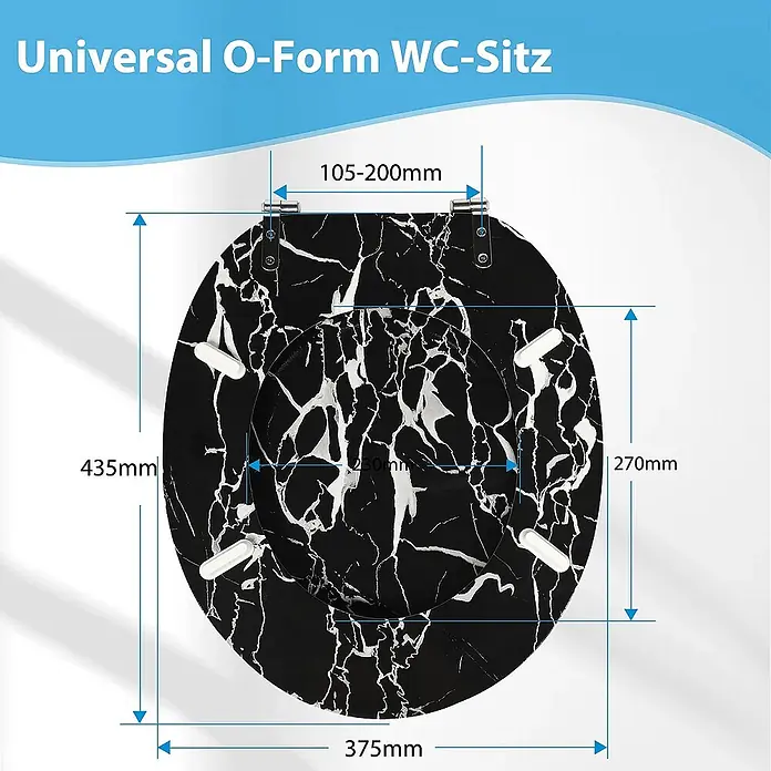 SAINOS WC-Sitz MDF WC-Sitz O-Form Absenkautomatik bis 190 kg Untermontage - MDF, Schwarz, Mit Absenkautomatik - O-Form WC-Sitz mit schwarz-weißem Marmormuster und wichtigen Abmessungen, z.B. 435mm Länge.