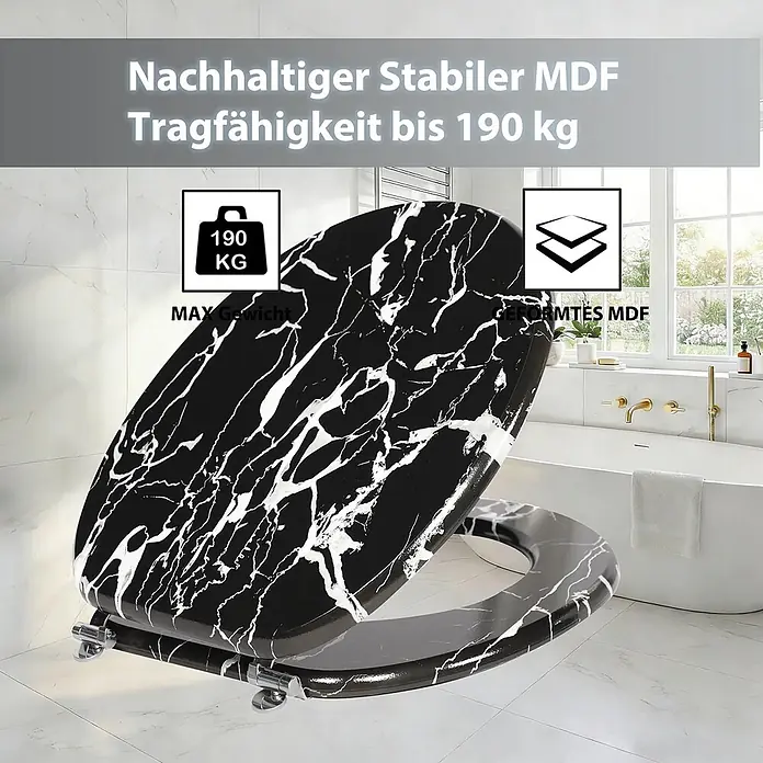 SAINOS WC-Sitz MDF WC-Sitz O-Form Absenkautomatik bis 190 kg Untermontage - MDF, Schwarz, Mit Absenkautomatik - Schwarz marmorierter MDF-Toilettensitz, offen in einem modernen Bad. Stabil, trägt bis zu 190 kg.